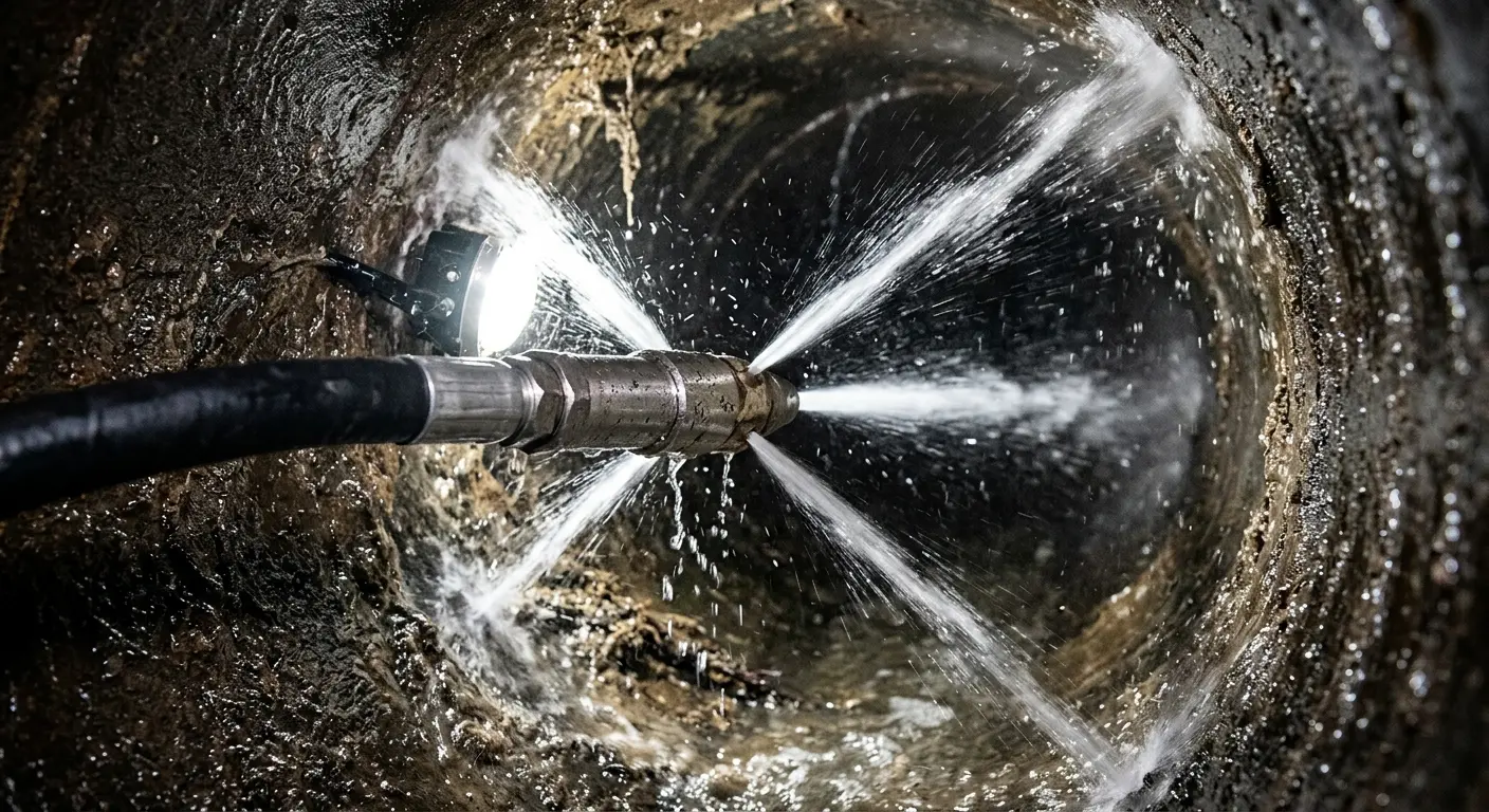 High-pressure hydro jetting nozzle cleaning sewer pipe for Emergency Drain Service in Adel
