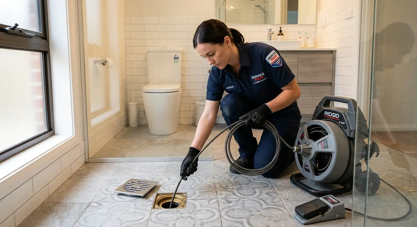 Technician clearing a bathroom floor drain for Sewer Line Installation in Adel